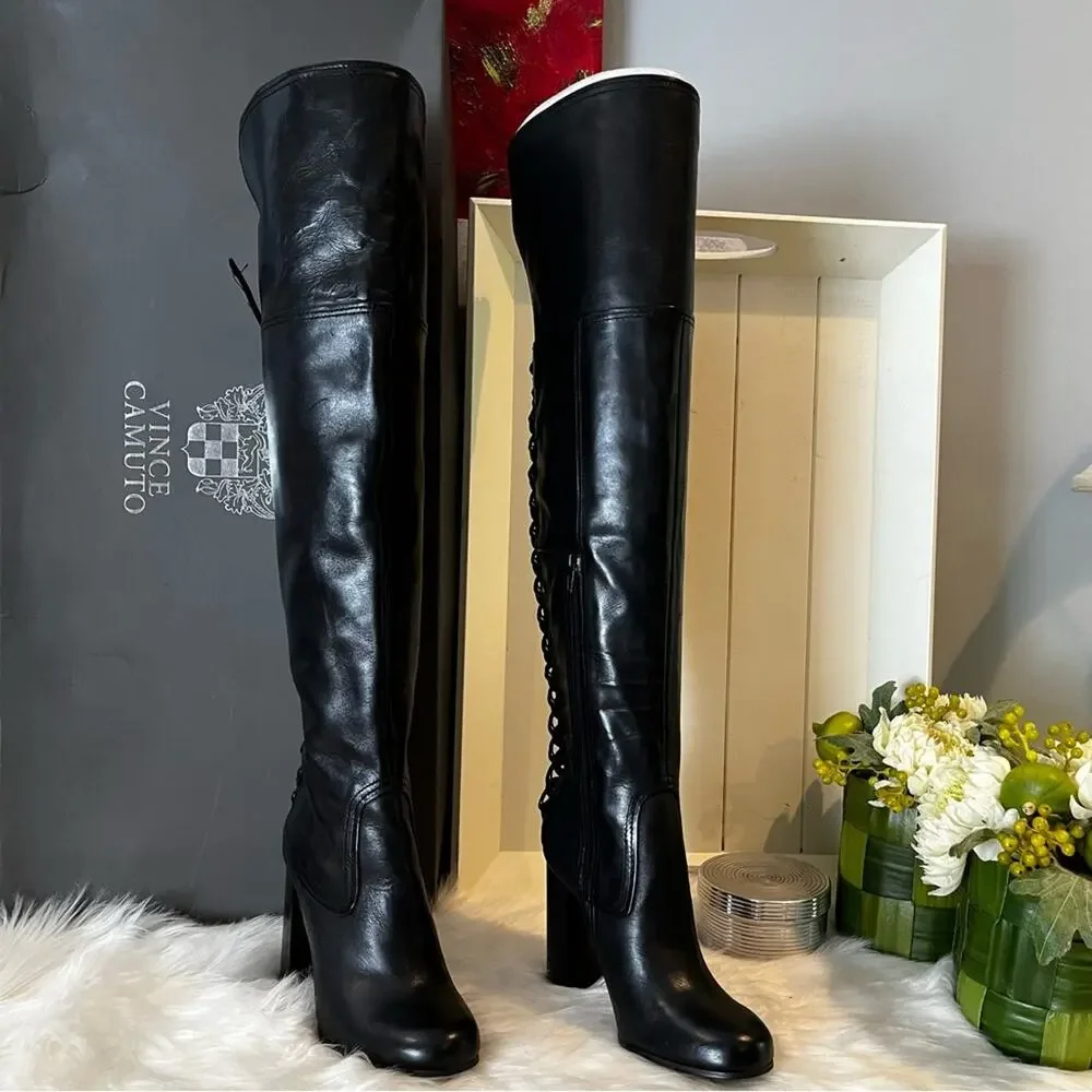 NEW Vince Camuto Corset Calf Leather Laced Tolla Over The Knee Boots Black Sz 6